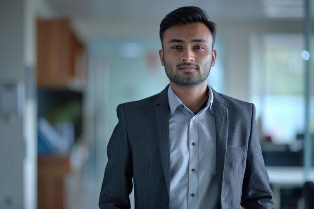 Young Asian Indian businessman standing on office background _ Premium AI-generated image